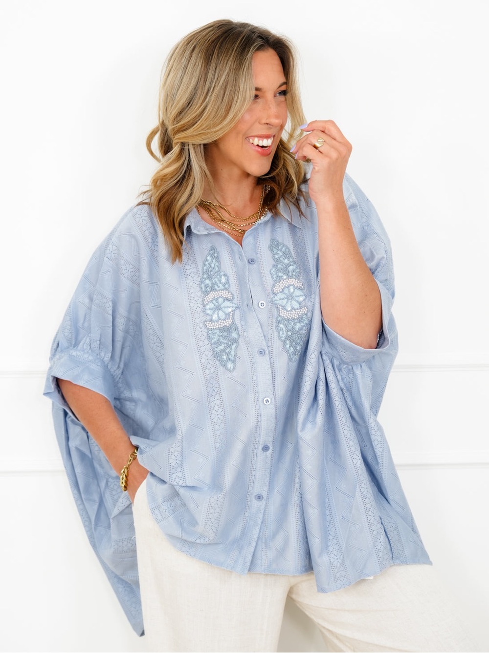 POL Blue Half Sleeve Button Down Women’s Lace Top NWT SZ L